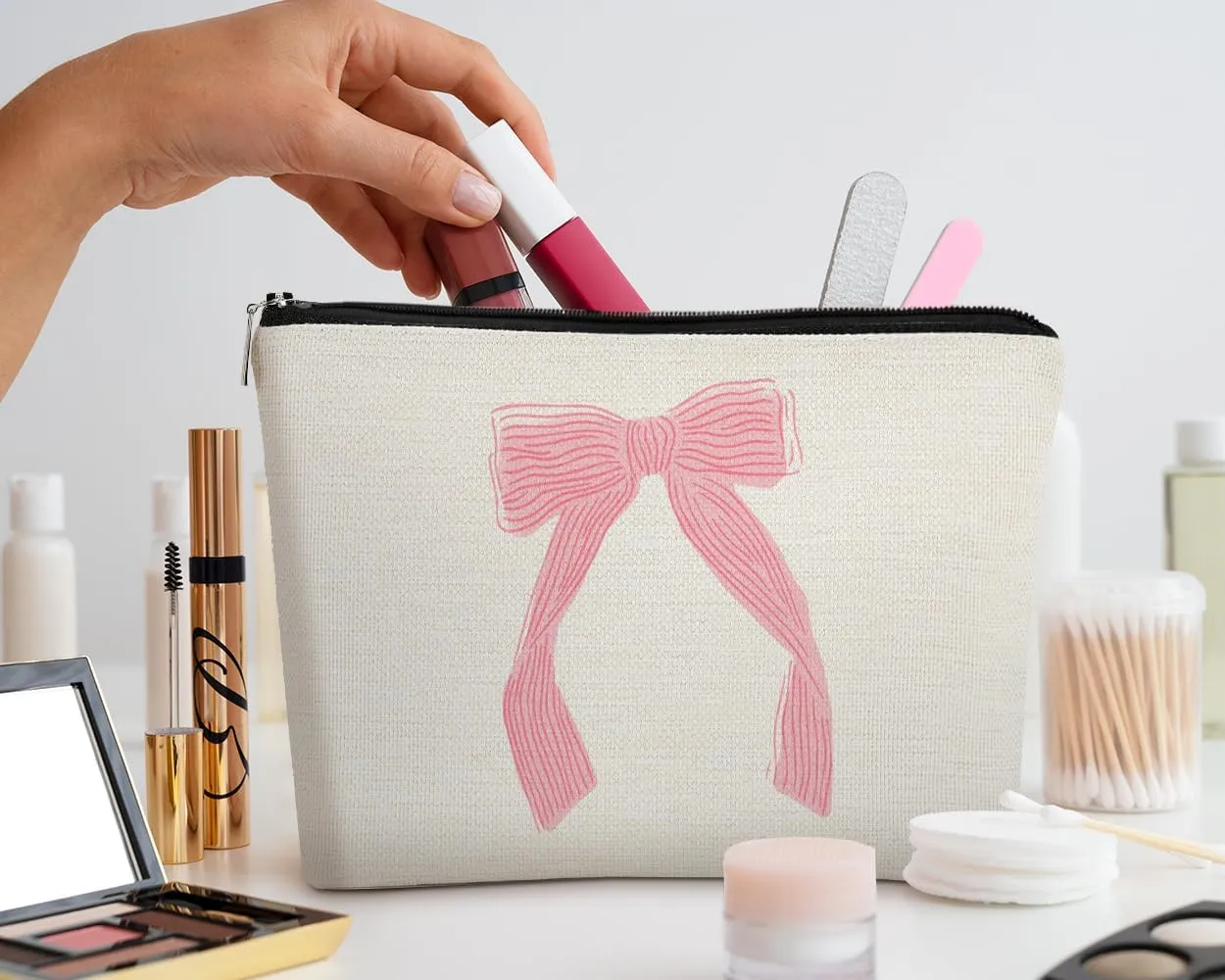 EXUQO Coquette Pink Bow Preppy Small Makeup Bag,Pink Bow Pouch Bag Gift for Teen Girls Women,Zipper Travel Toiletry Cosmetic Bag,Trendy Makeup Bag Organizer