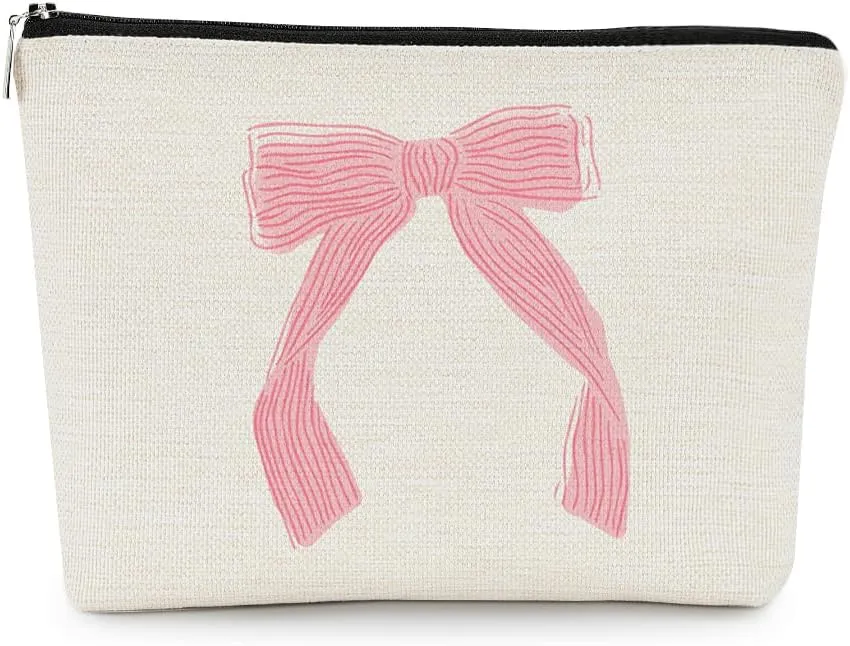 EXUQO Coquette Pink Bow Preppy Small Makeup Bag,Pink Bow Pouch Bag Gift for Teen Girls Women,Zipper Travel Toiletry Cosmetic Bag,Trendy Makeup Bag Organizer
