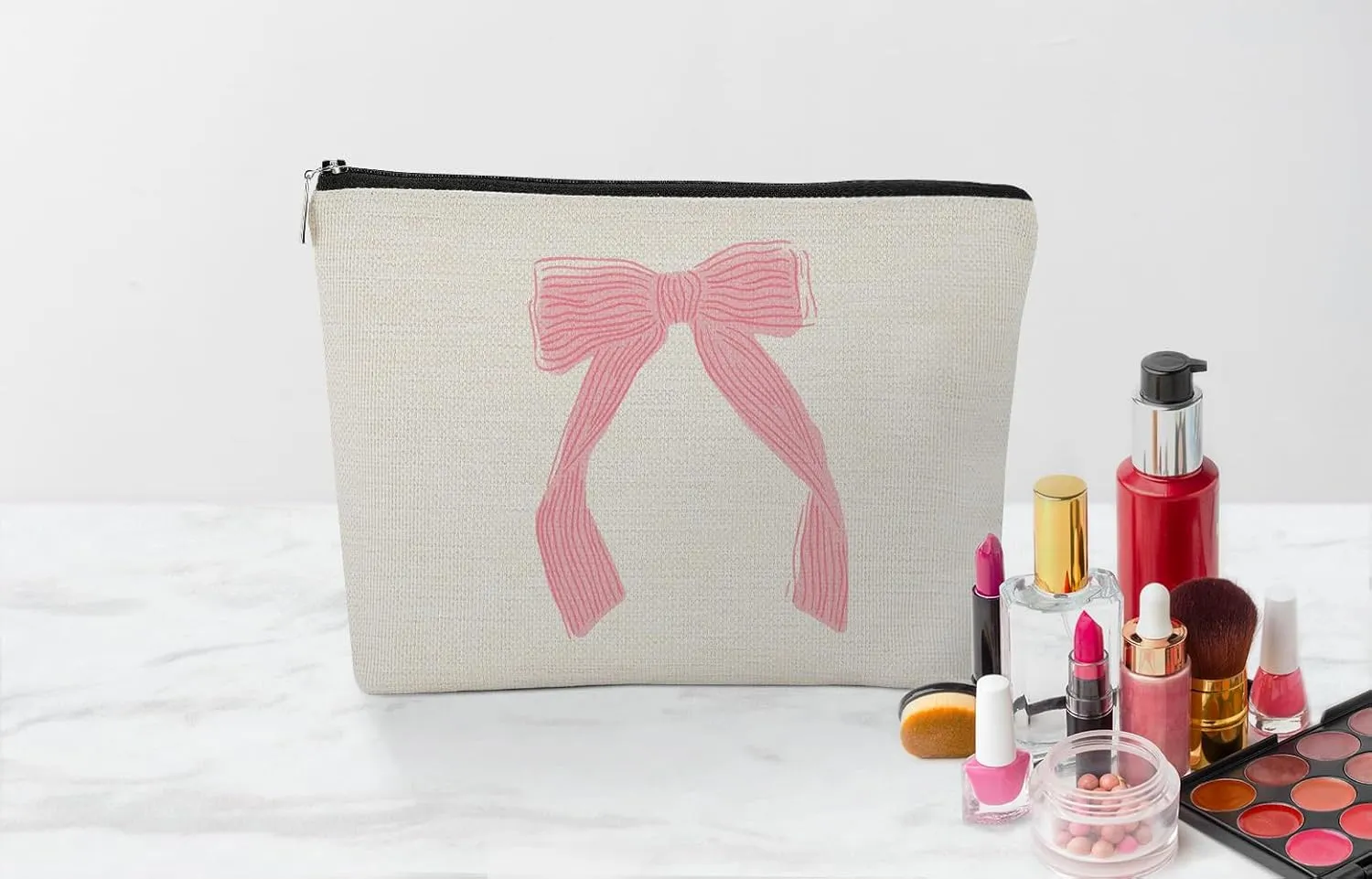 EXUQO Coquette Pink Bow Preppy Small Makeup Bag,Pink Bow Pouch Bag Gift for Teen Girls Women,Zipper Travel Toiletry Cosmetic Bag,Trendy Makeup Bag Organizer