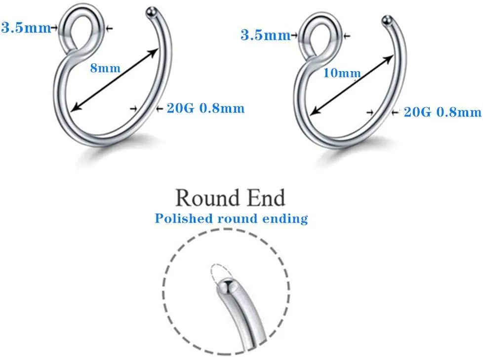 Fake Nose Ring Piercing Jewelry 20g 18g Diameter 8mm and 10mm C Shape Fake Nose Ring Hoop Fake Septum Nose Rings Bundle