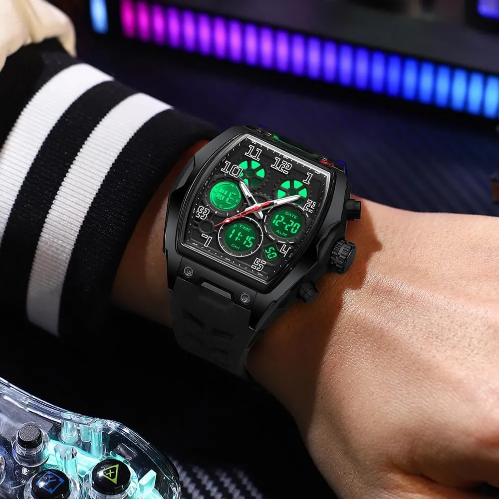 FANMIS Watch for Men Fashion Hollow Unique Rectangle Dial Wristwatch Waterproof Sport Digital Analog Dual Time Display Stopwatch Punk Cool Design Silicon Strap Dress Watch