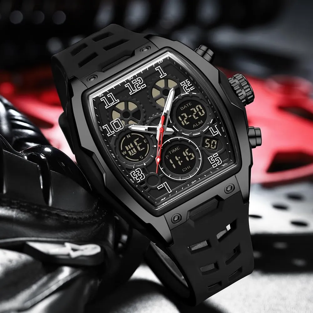 FANMIS Watch for Men Fashion Hollow Unique Rectangle Dial Wristwatch Waterproof Sport Digital Analog Dual Time Display Stopwatch Punk Cool Design Silicon Strap Dress Watch