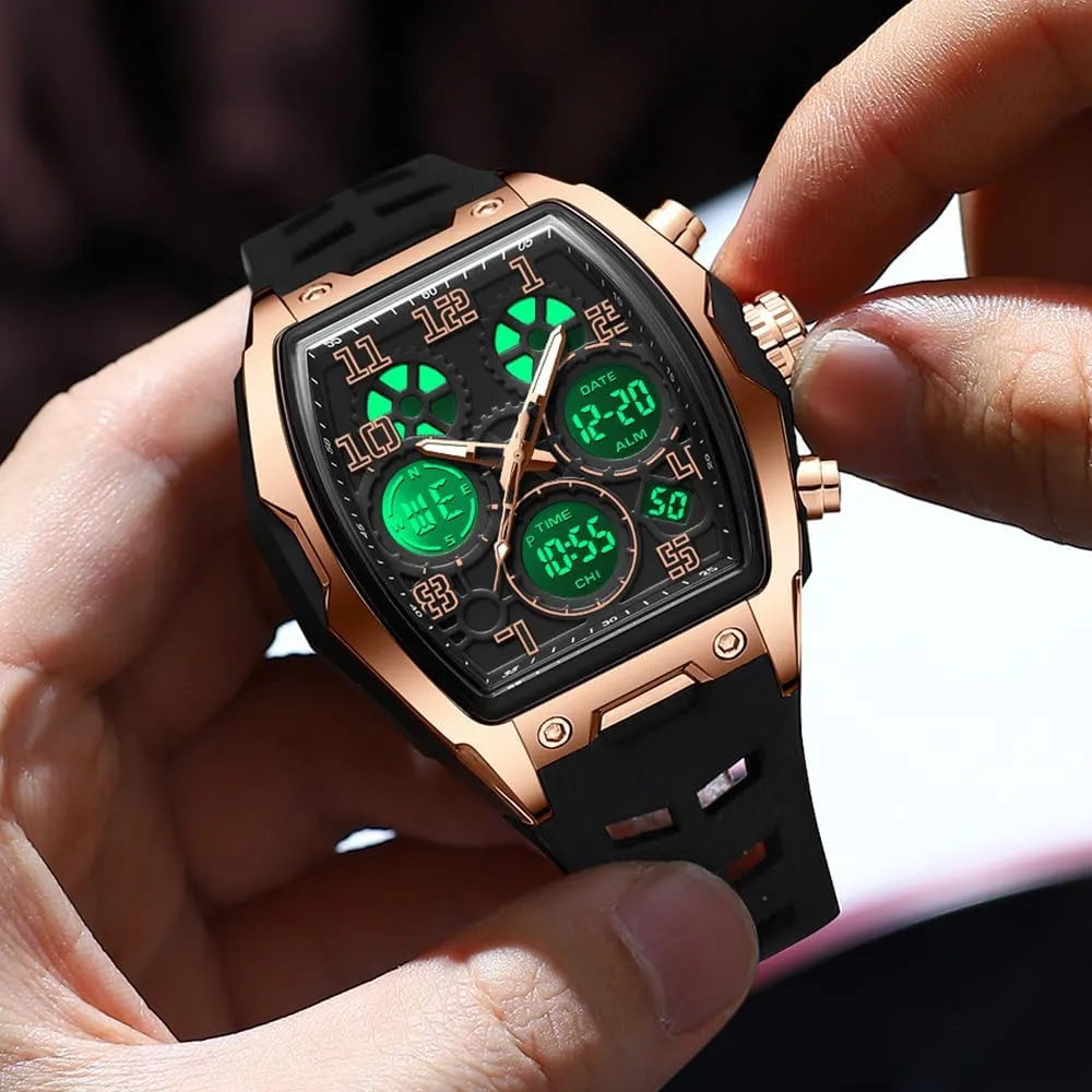 FANMIS Watch for Men Fashion Hollow Unique Rectangle Dial Wristwatch Waterproof Sport Digital Analog Dual Time Display Stopwatch Punk Cool Design Silicon Strap Dress Watch