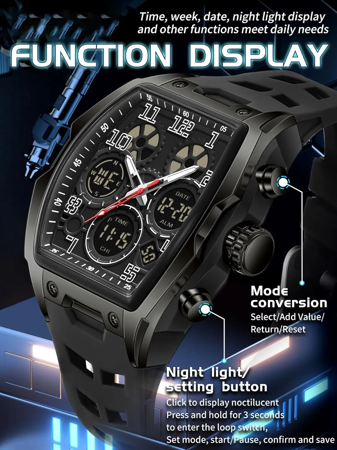 FANMIS Watch for Men Fashion Hollow Unique Rectangle Dial Wristwatch Waterproof Sport Digital Analog Dual Time Display Stopwatch Punk Cool Design Silicon Strap Dress Watch