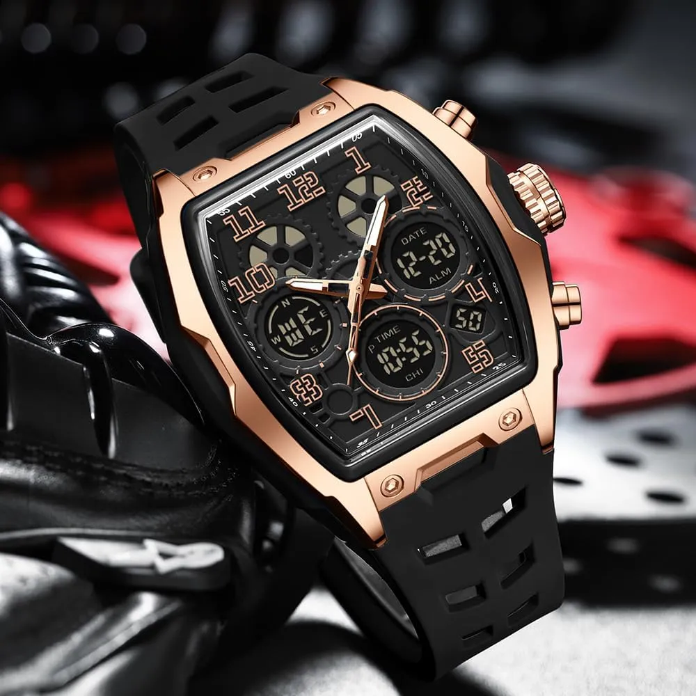 FANMIS Watch for Men Fashion Hollow Unique Rectangle Dial Wristwatch Waterproof Sport Digital Analog Dual Time Display Stopwatch Punk Cool Design Silicon Strap Dress Watch