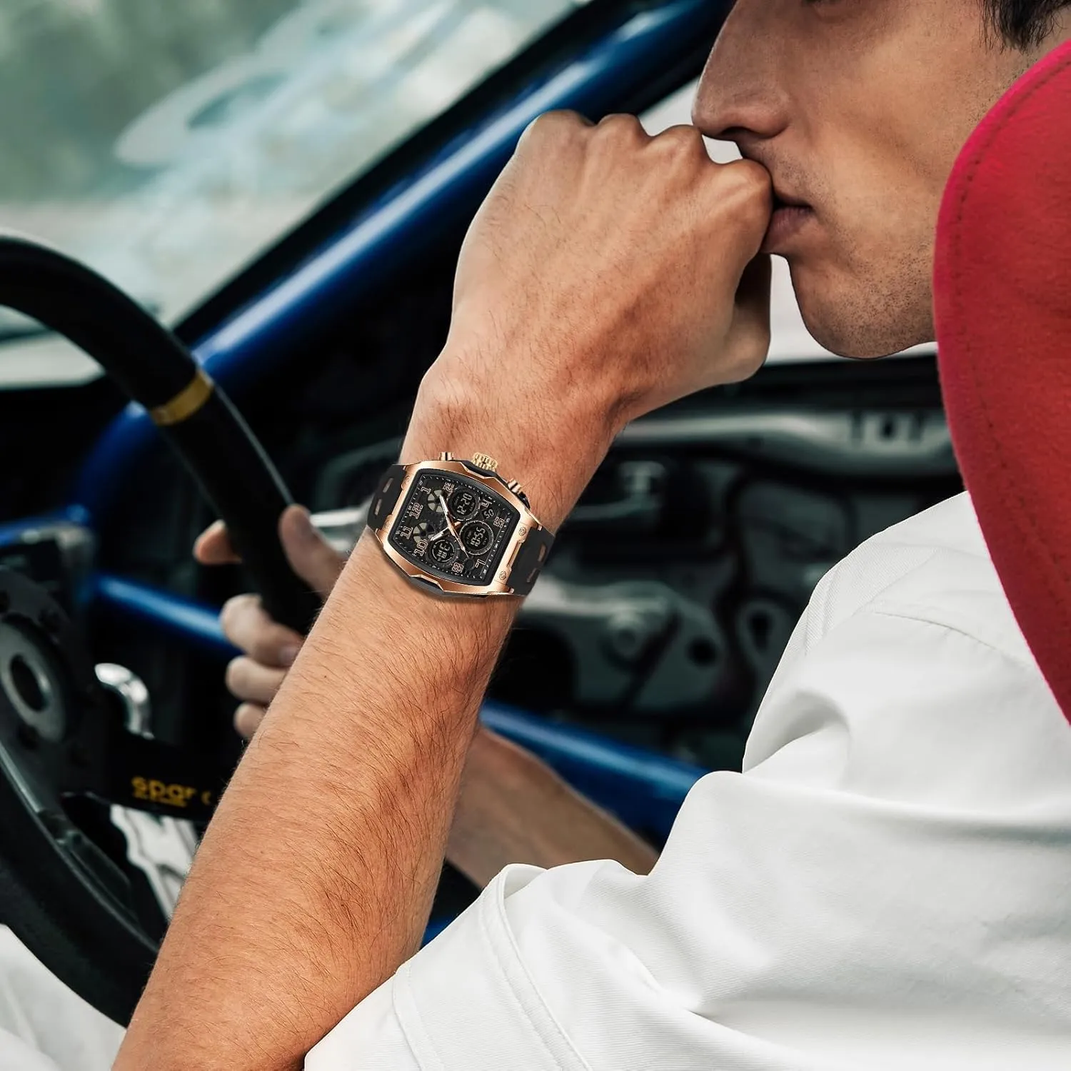 FANMIS Watch for Men Fashion Hollow Unique Rectangle Dial Wristwatch Waterproof Sport Digital Analog Dual Time Display Stopwatch Punk Cool Design Silicon Strap Dress Watch