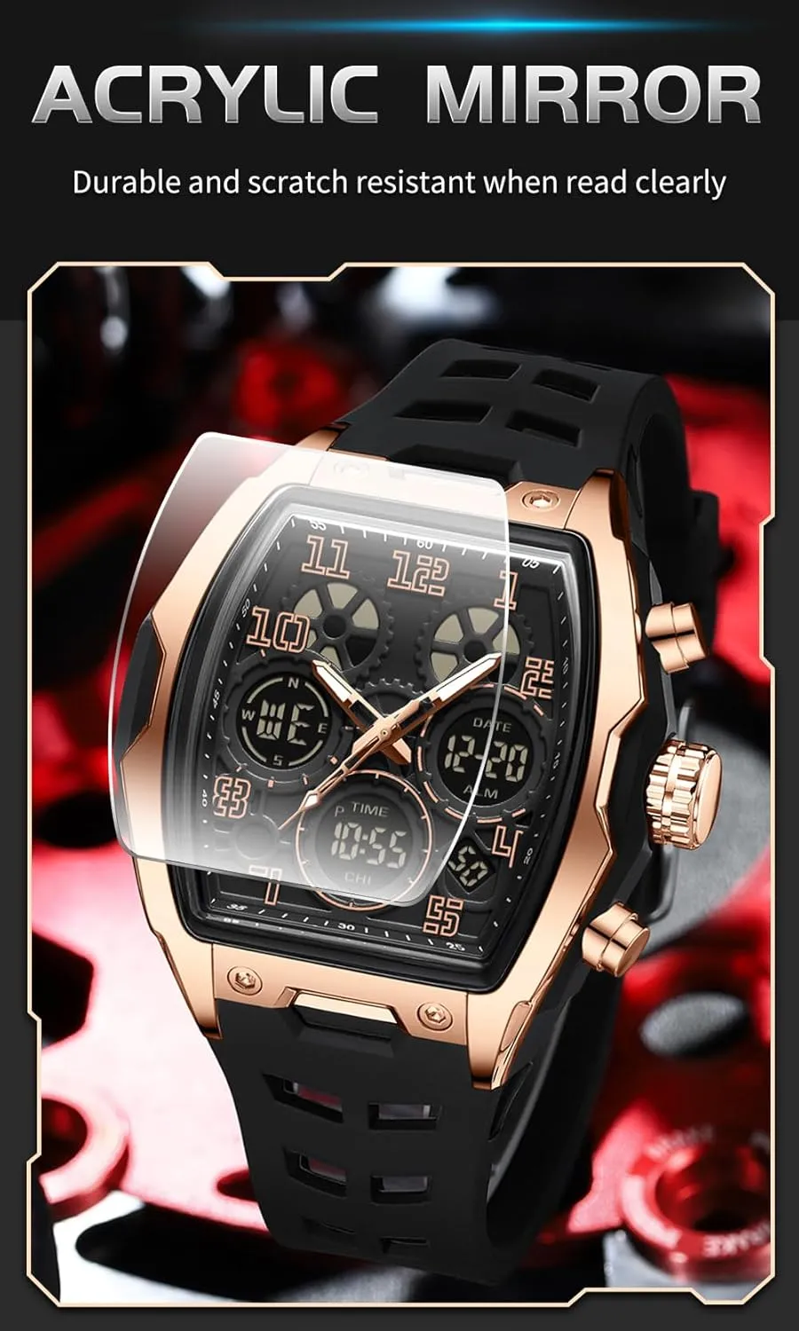 FANMIS Watch for Men Fashion Hollow Unique Rectangle Dial Wristwatch Waterproof Sport Digital Analog Dual Time Display Stopwatch Punk Cool Design Silicon Strap Dress Watch