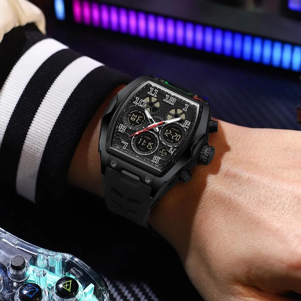 FANMIS Watch for Men Fashion Hollow Unique Rectangle Dial Wristwatch Waterproof Sport Digital Analog Dual Time Display Stopwatch Punk Cool Design Silicon Strap Dress Watch