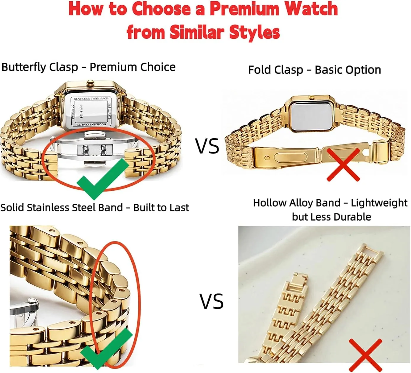 FANMIS Womens Gold Tone Bangle Watch and Bracelet Set, Simple Square Dial Ladies Casual Dress Watch with Solid Stainless Steel Band & Butterfly Clasp,Waterproof Adjustable Strap with Tools