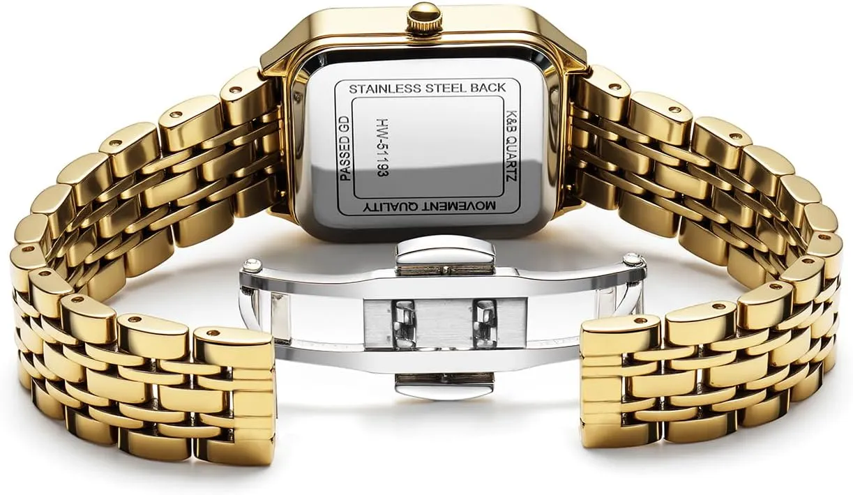 FANMIS Womens Gold Tone Bangle Watch and Bracelet Set, Simple Square Dial Ladies Casual Dress Watch with Solid Stainless Steel Band & Butterfly Clasp,Waterproof Adjustable Strap with Tools
