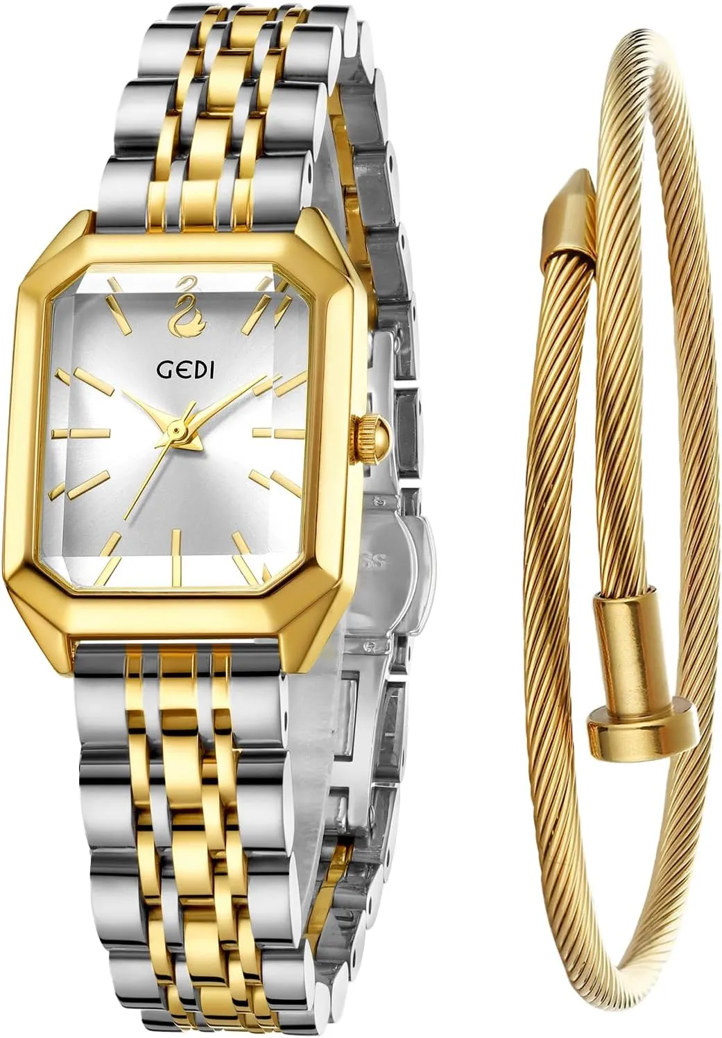 FANMIS Womens Gold Tone Bangle Watch and Bracelet Set, Simple Square Dial Ladies Casual Dress Watch with Solid Stainless Steel Band & Butterfly Clasp,Waterproof Adjustable Strap with Tools