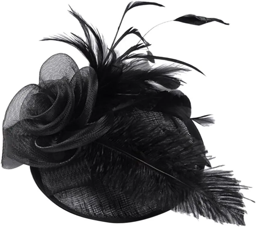 Fascinator Hats for Women Tea Part Hat Fascinators Headband Hats Wedding Flower Feathers Hair Clip (Black, One Size)