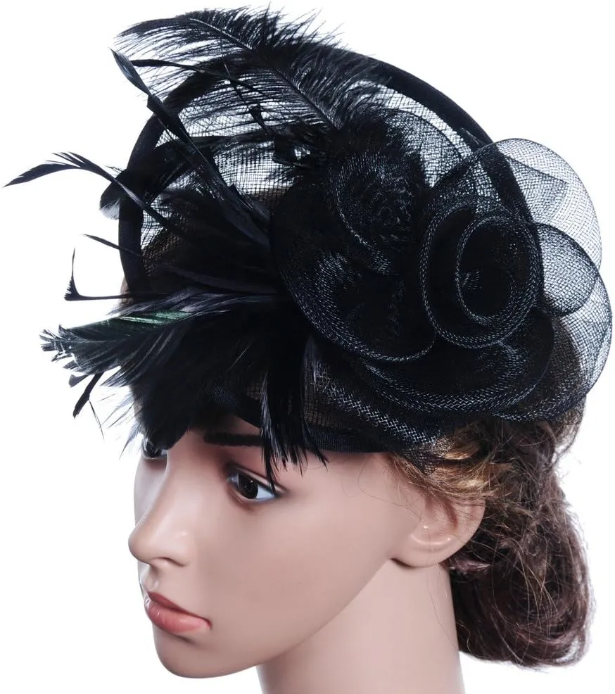 Fascinator Hats for Women Tea Part Hat Fascinators Headband Hats Wedding Flower Feathers Hair Clip (Black, One Size)