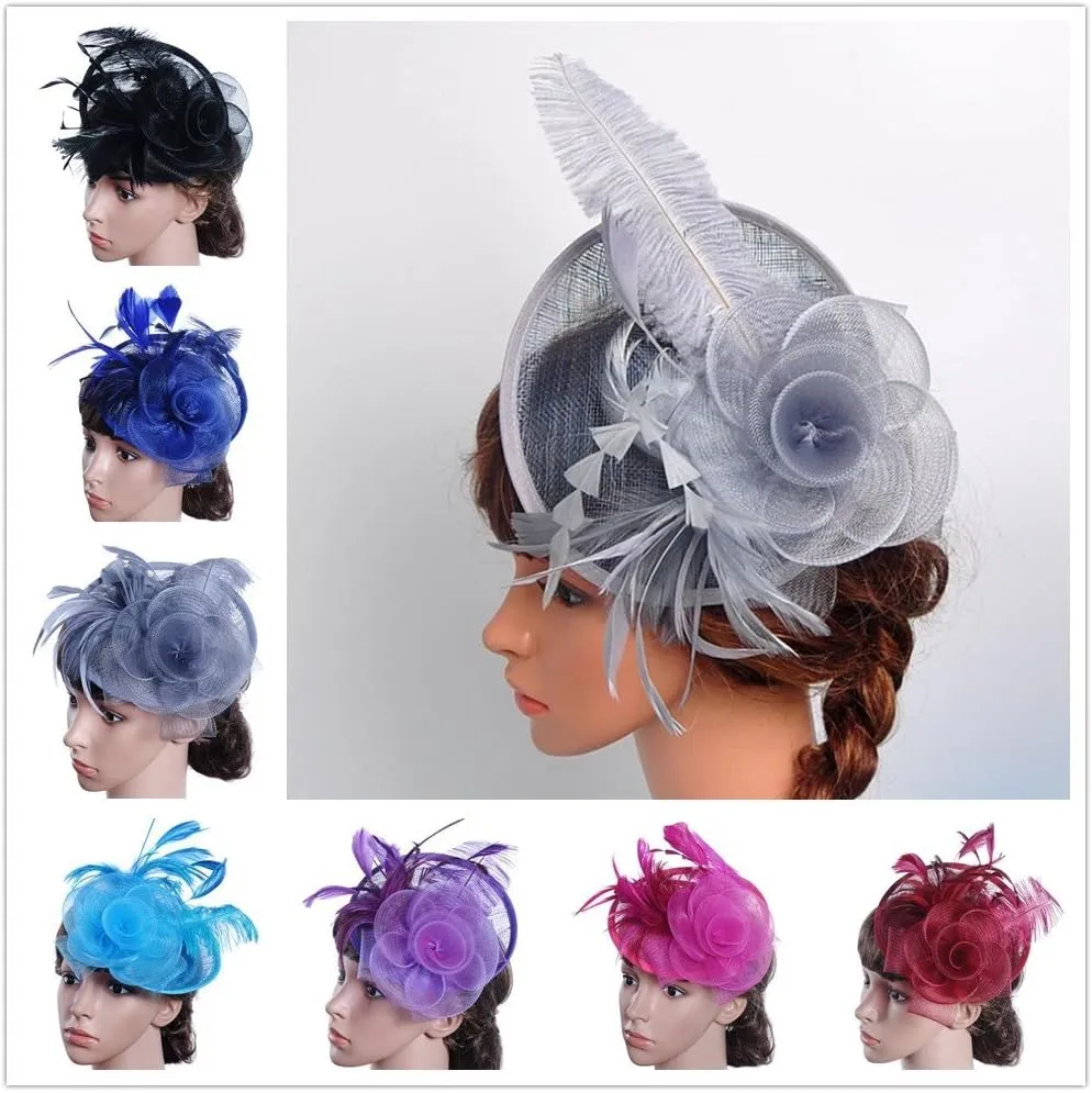 Fascinator Hats for Women Tea Part Hat Fascinators Headband Hats Wedding Flower Feathers Hair Clip (Navy, One Size)