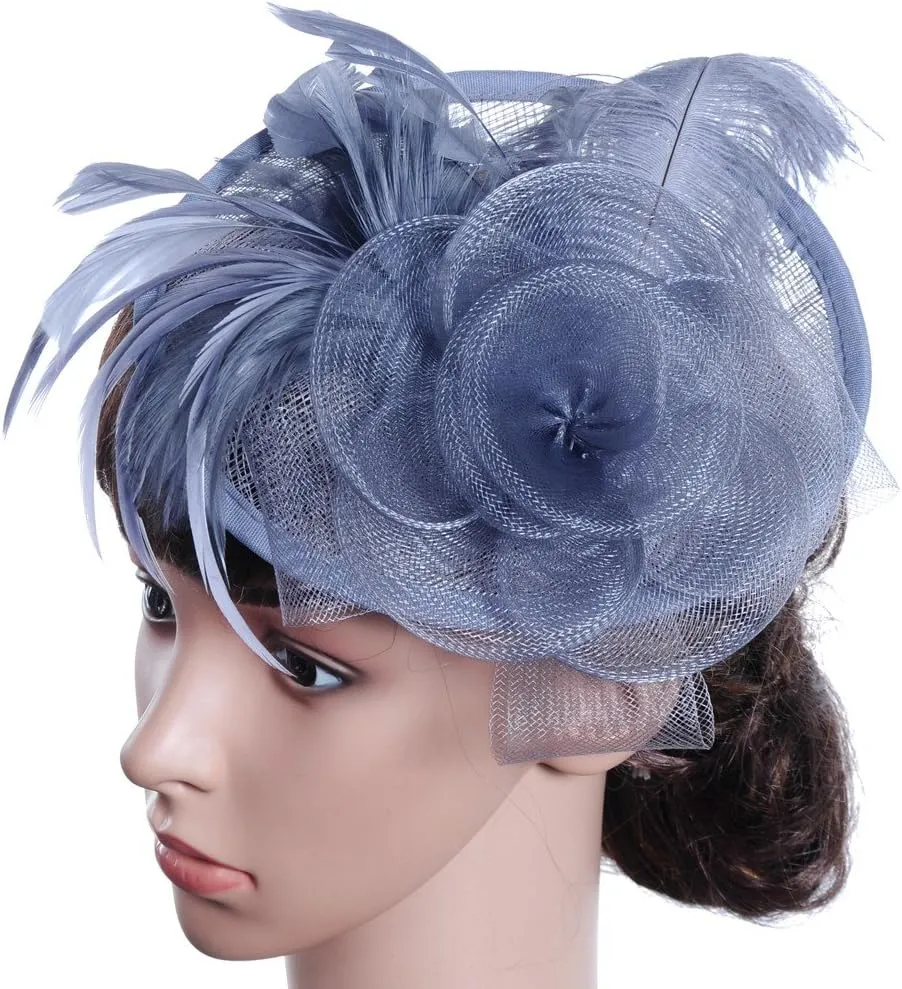Fascinator Hats for Women Tea Part Hat Fascinators Headband Hats Wedding Flower Feathers Hair Clip (Navy, One Size)