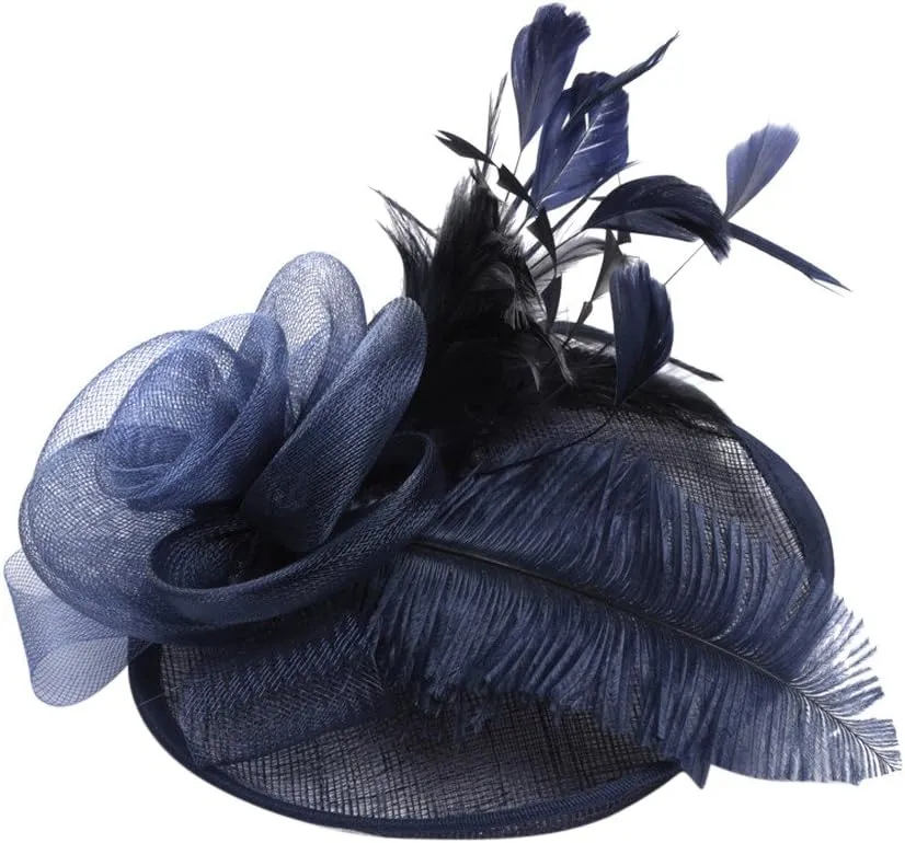 Fascinator Hats for Women Tea Part Hat Fascinators Headband Hats Wedding Flower Feathers Hair Clip (Navy, One Size)