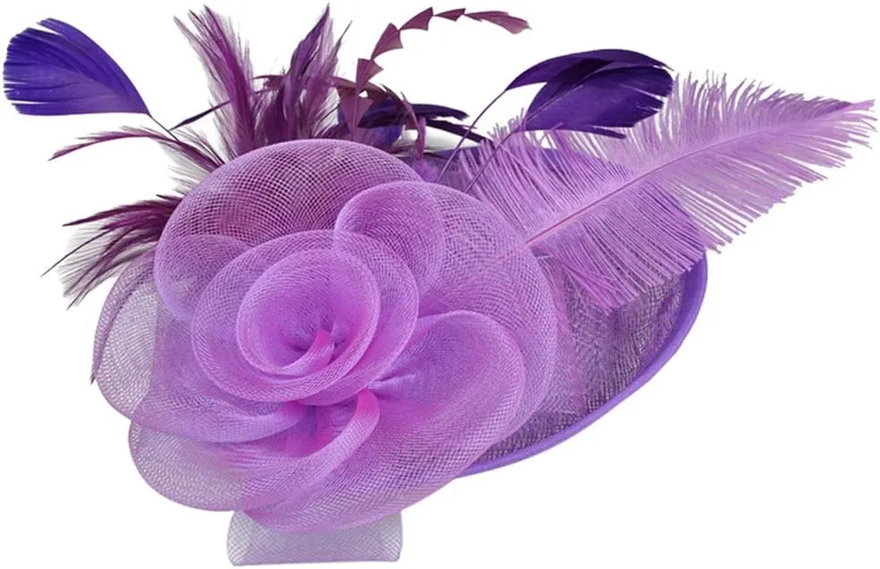Fascinator Hats for Women Tea Part Hat Fascinators Headband Hats Wedding Flower Feathers Hair Clip (Purple, One Size)