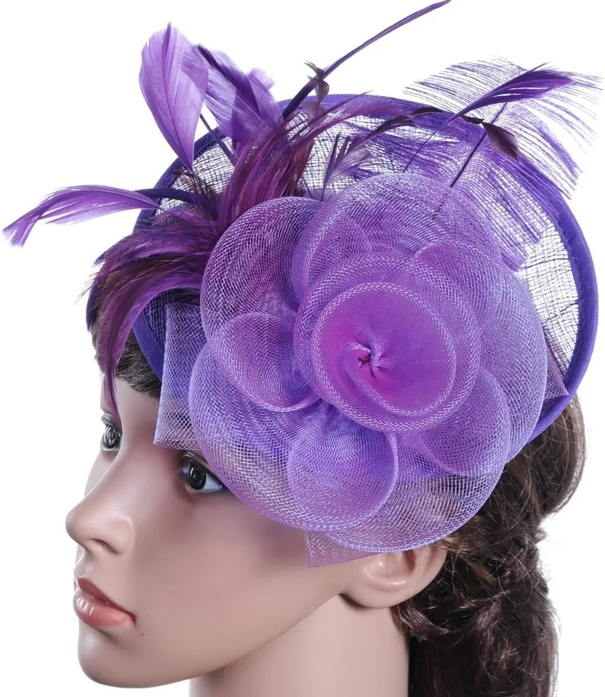 Fascinator Hats for Women Tea Part Hat Fascinators Headband Hats Wedding Flower Feathers Hair Clip (Purple, One Size)