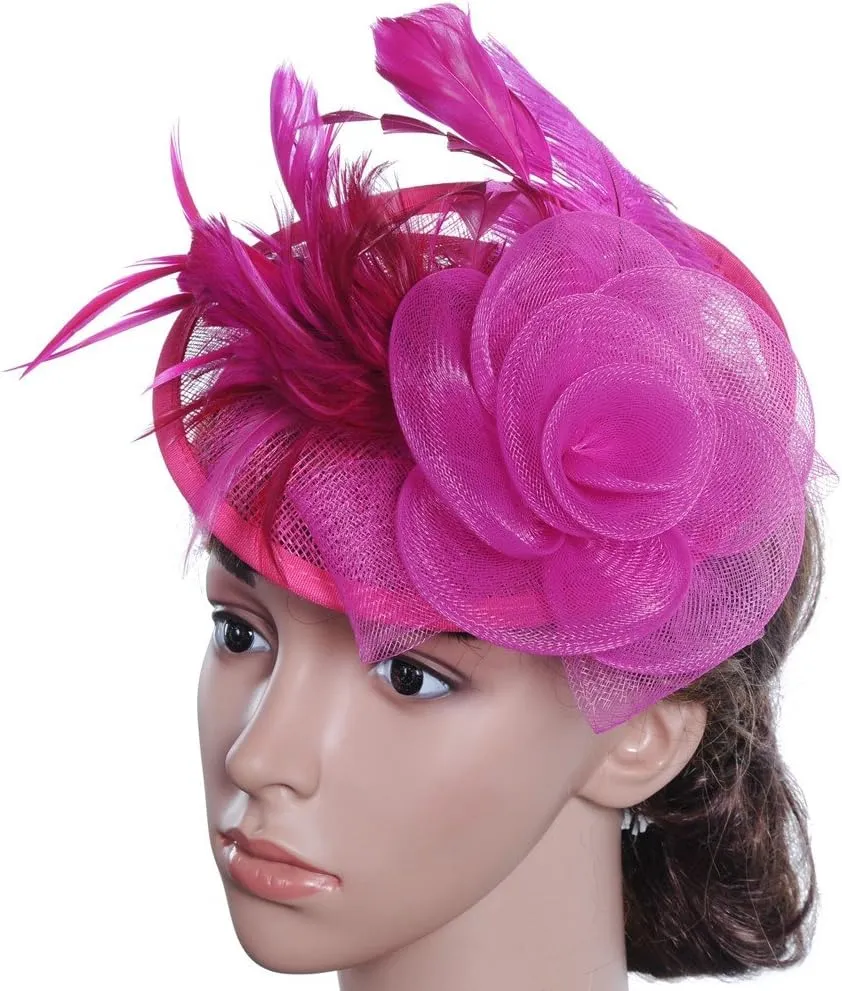 Fascinator Hats for Women Tea Part Hat Fascinators Headband Hats Wedding Flower Feathers Hair (Hot Pink, One Size)