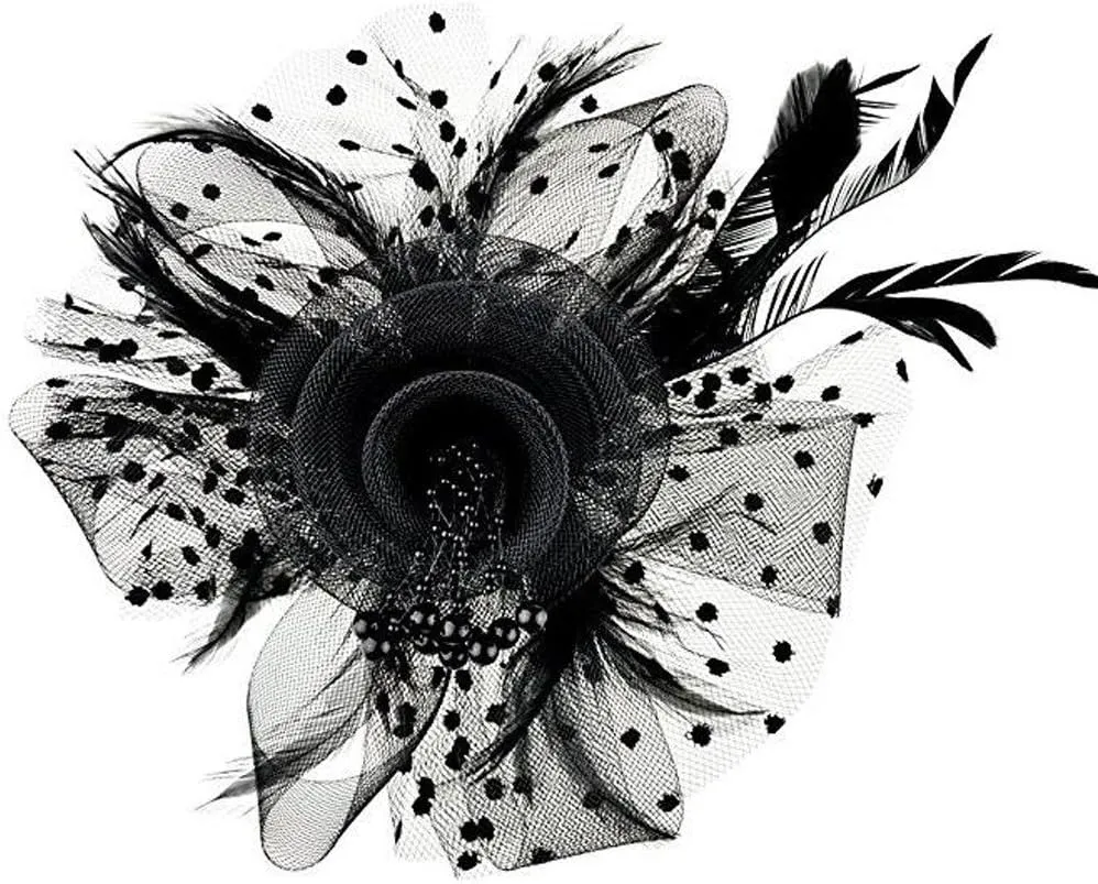 Fascinators Hats for Women Tea Part Hat Derb Hat Wedding Headpiece Feather Mesh Hair Clip Derb (Black, One Size)