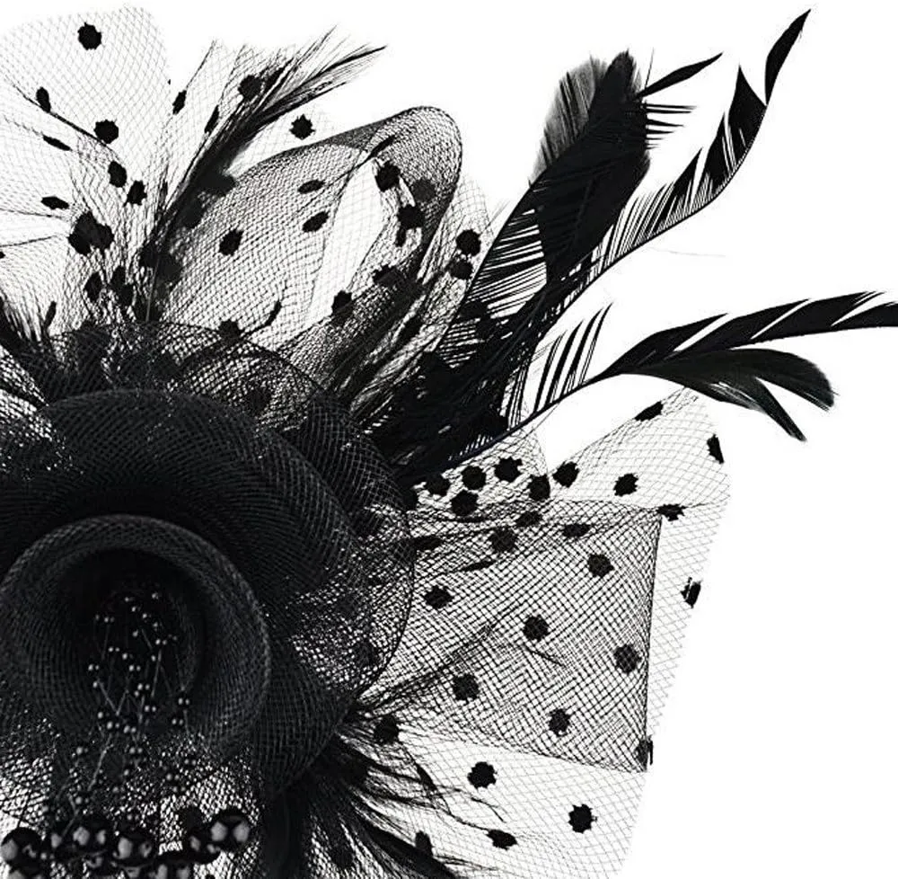 Fascinators Hats for Women Tea Part Hat Derb Hat Wedding Headpiece Feather Mesh Hair Clip Derb (Black, One Size)