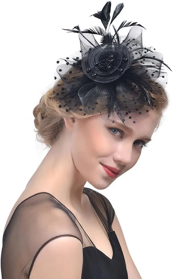 Fascinators Hats for Women Tea Part Hat Derb Hat Wedding Headpiece Feather Mesh Hair Clip Derb (Black, One Size)