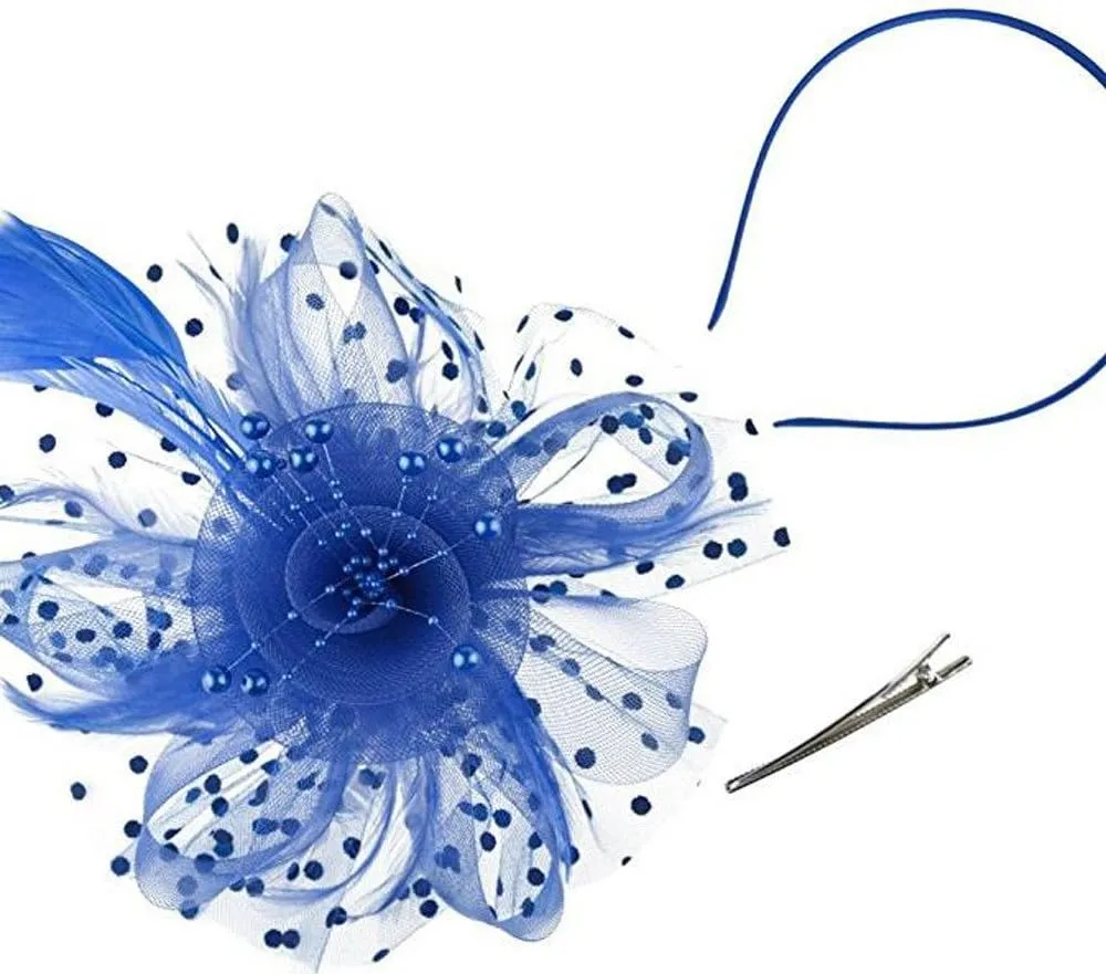 Fascinators Hats for Women Tea Part Hat Derb Hat Wedding Headpiece Feather Mesh Hair Clip Derb (Blue, One Size)