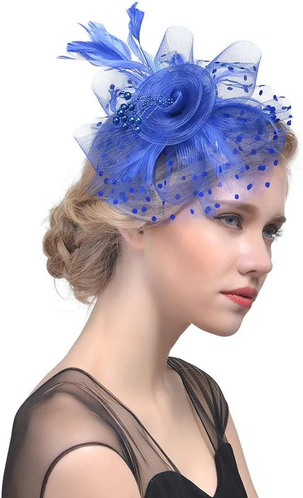 Fascinators Hats for Women Tea Part Hat Derb Hat Wedding Headpiece Feather Mesh Hair Clip Derb (Blue, One Size)