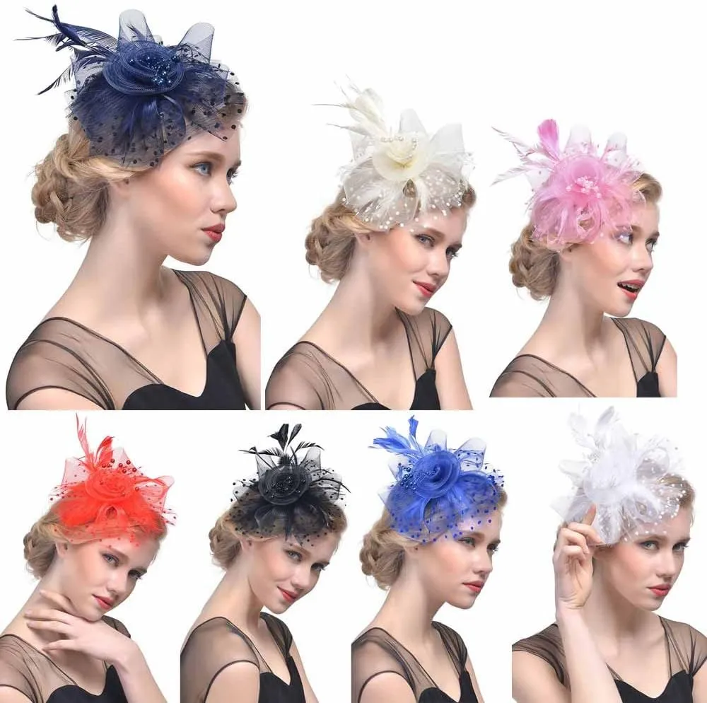 Fascinators Hats for Women Tea Part Hat Derb Hat Wedding Headpiece Feather Mesh Hair Clip Derb (Grey, One Size)