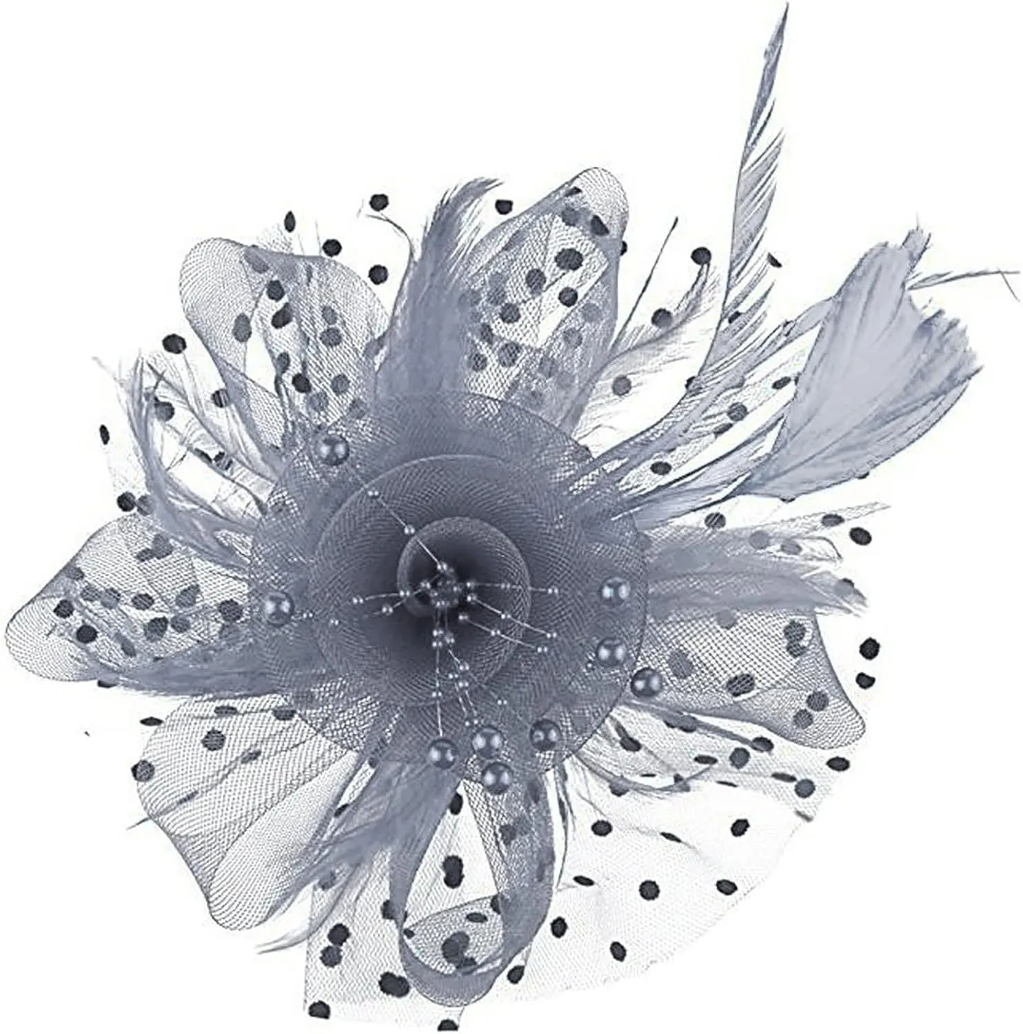 Fascinators Hats for Women Tea Part Hat Derb Hat Wedding Headpiece Feather Mesh Hair Clip Derb (Grey, One Size)