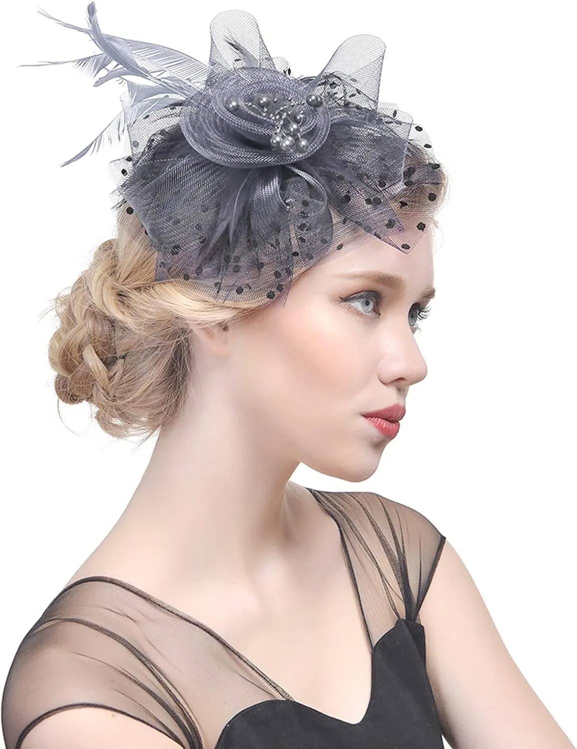 Fascinators Hats for Women Tea Part Hat Derb Hat Wedding Headpiece Feather Mesh Hair Clip Derb (Grey, One Size)