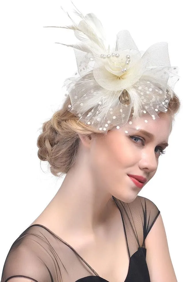 Fascinators Hats for Women Tea Part Hat Derb Hat Wedding Headpiece Feather Mesh Hair Clip Derb (Khaki, One Size)