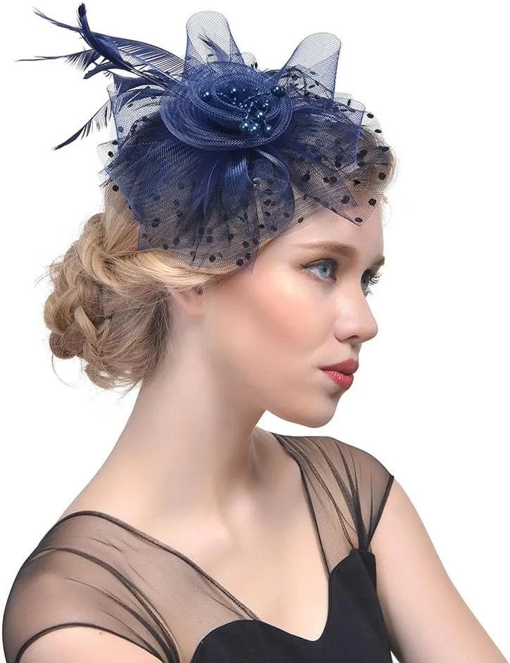 Fascinators Hats for Women Tea Part Hat Derb Hat Wedding Headpiece Feather Mesh Hair Clip Derb (Navy, One Size)