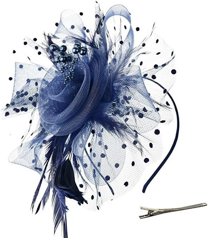 Fascinators Hats for Women Tea Part Hat Derb Hat Wedding Headpiece Feather Mesh Hair Clip Derb (Navy, One Size)