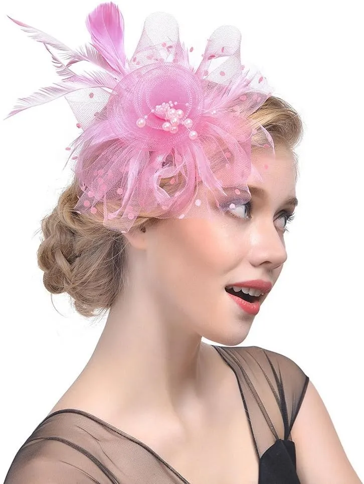 Fascinators Hats for Women Tea Part Hat Derb Hat Wedding Headpiece Feather Mesh Hair Clip Derb (Pink, One Size)