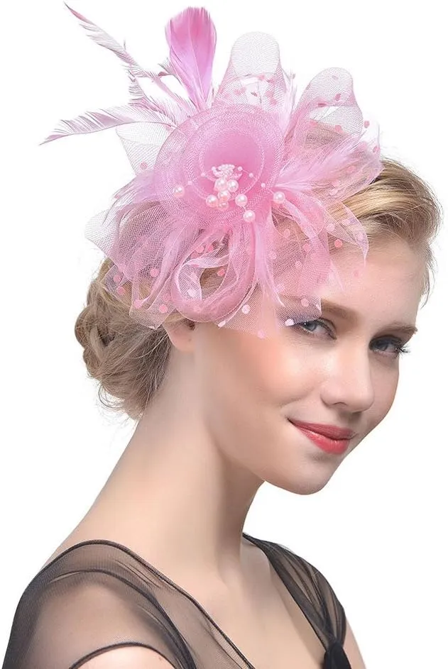 Fascinators Hats for Women Tea Part Hat Derb Hat Wedding Headpiece Feather Mesh Hair Clip Derb (Pink, One Size)
