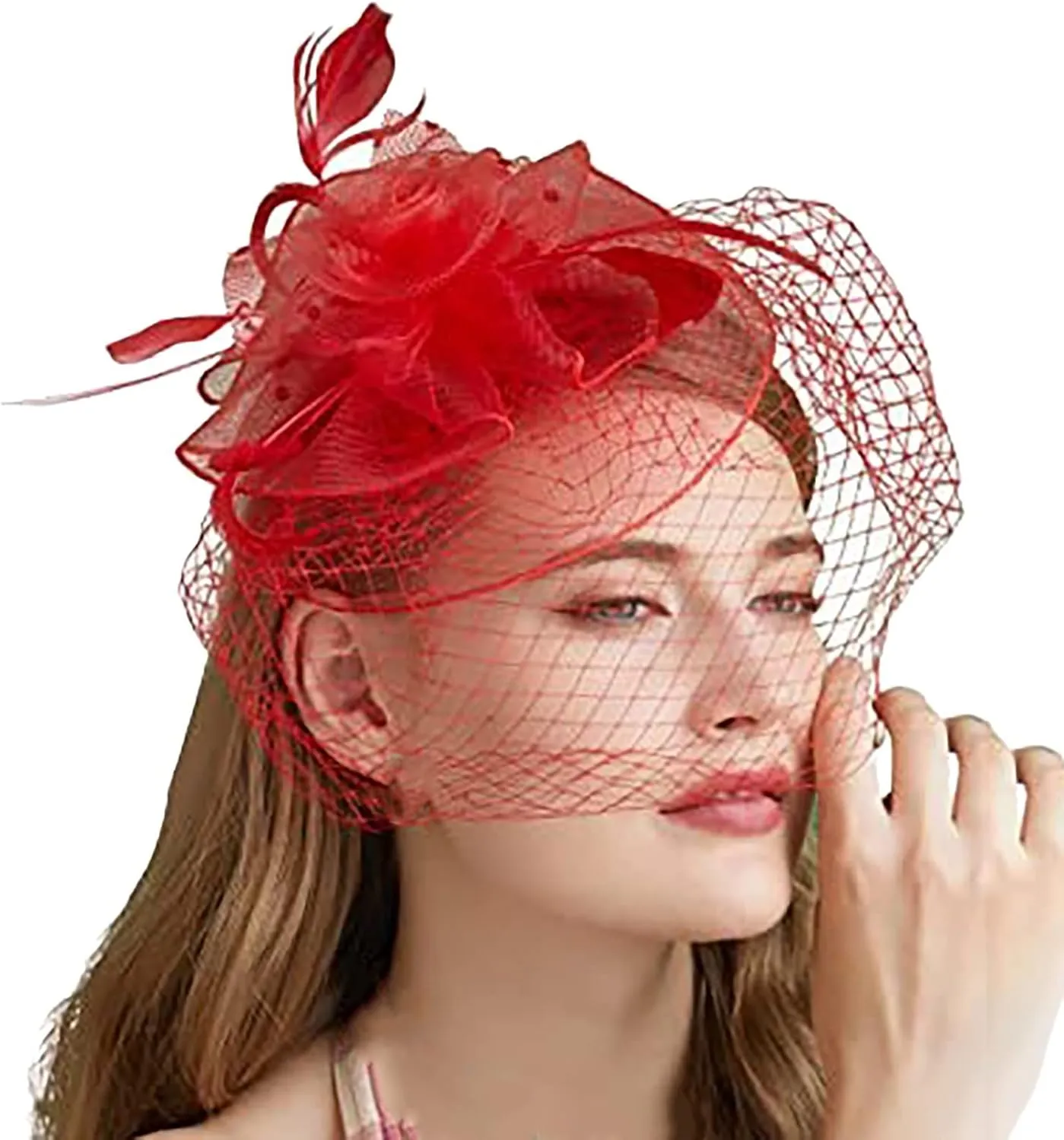 Fascinators Hats Women Tea Part Headband Flower ocktail Mesh Feathers Hair Clip Derb Hats Wedding (RD1, One Size)