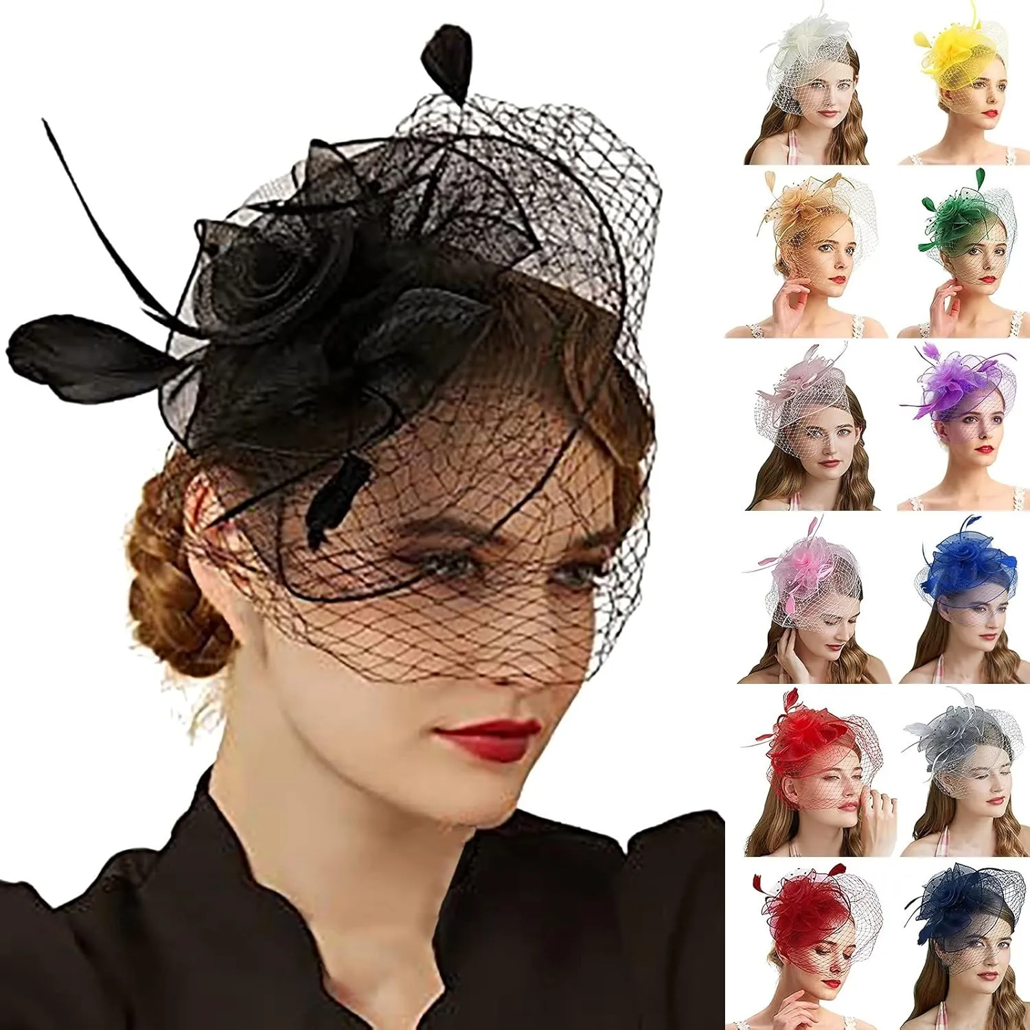 Fascinators Hats Women Tea Part Headband Flower ocktail Mesh Feathers Hair Clip Derb Hats Wedding (RD1, One Size)