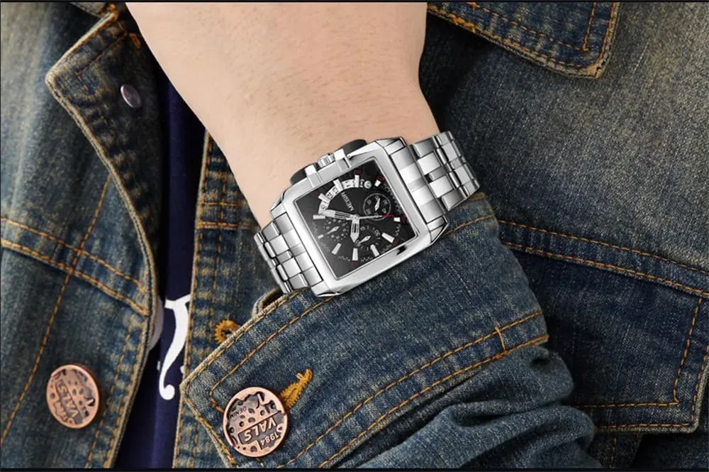 Fashion Chronograph Mens Watches Luxury Stainless Steel Waterproof Quartz Watch Men Business Date Wristwatches Square Dial