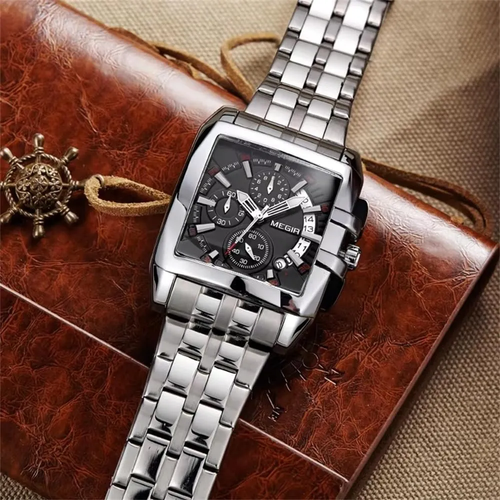 Fashion Chronograph Mens Watches Luxury Stainless Steel Waterproof Quartz Watch Men Business Date Wristwatches Square Dial