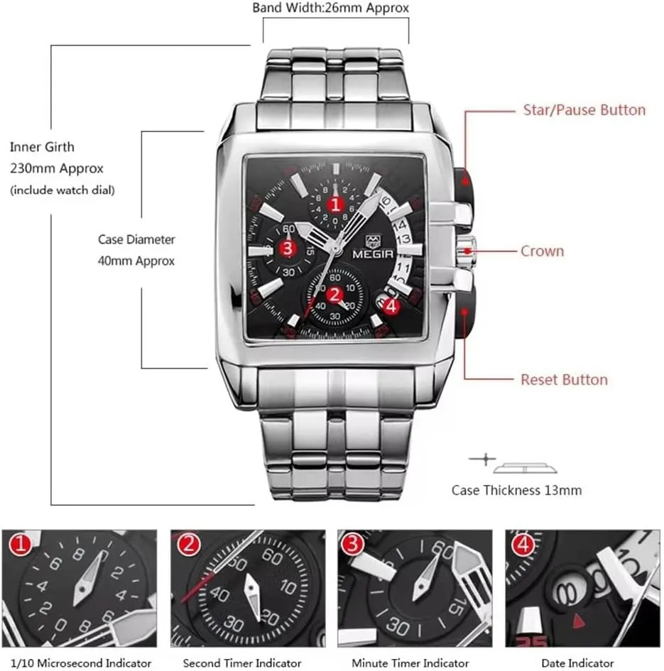 Fashion Chronograph Mens Watches Luxury Stainless Steel Waterproof Quartz Watch Men Business Date Wristwatches Square Dial