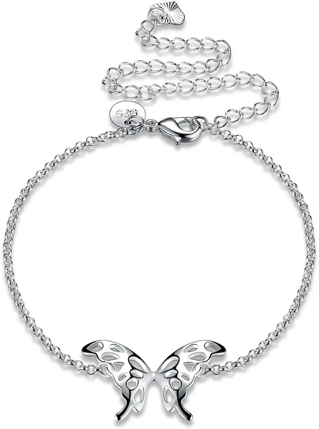 Fashion Jewelry 925 Sterling Silver Butterfly Wings Adjustable Chain Anklet