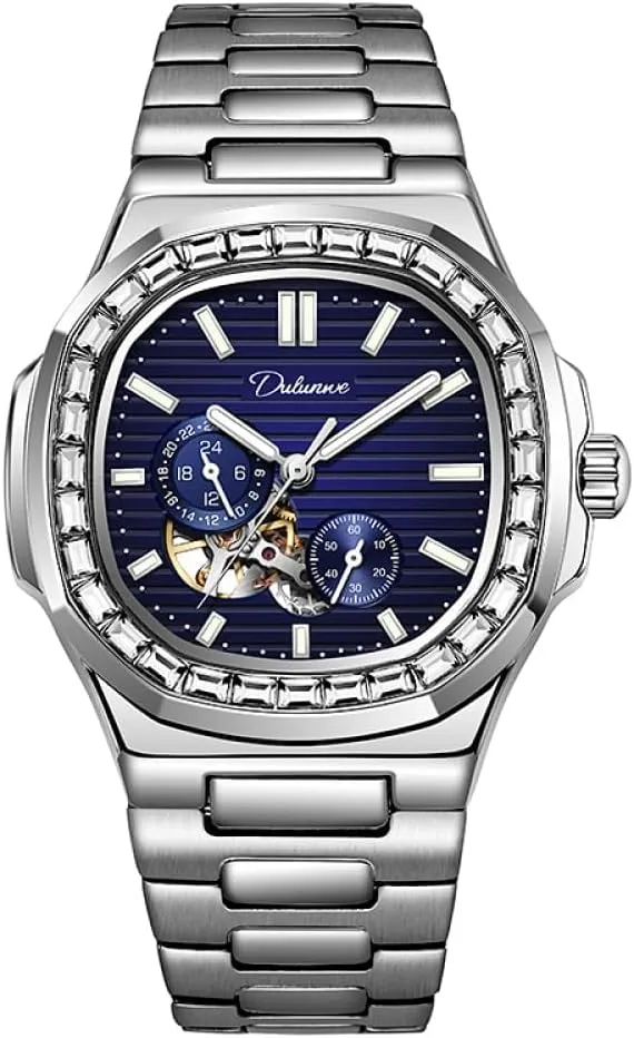 Fashion Men Sky Blue Wristwatches Luxury Zirconia Diamonds Bezel Skeleton Automatic Mechanical Watch Multifunctional Waterproof Watches