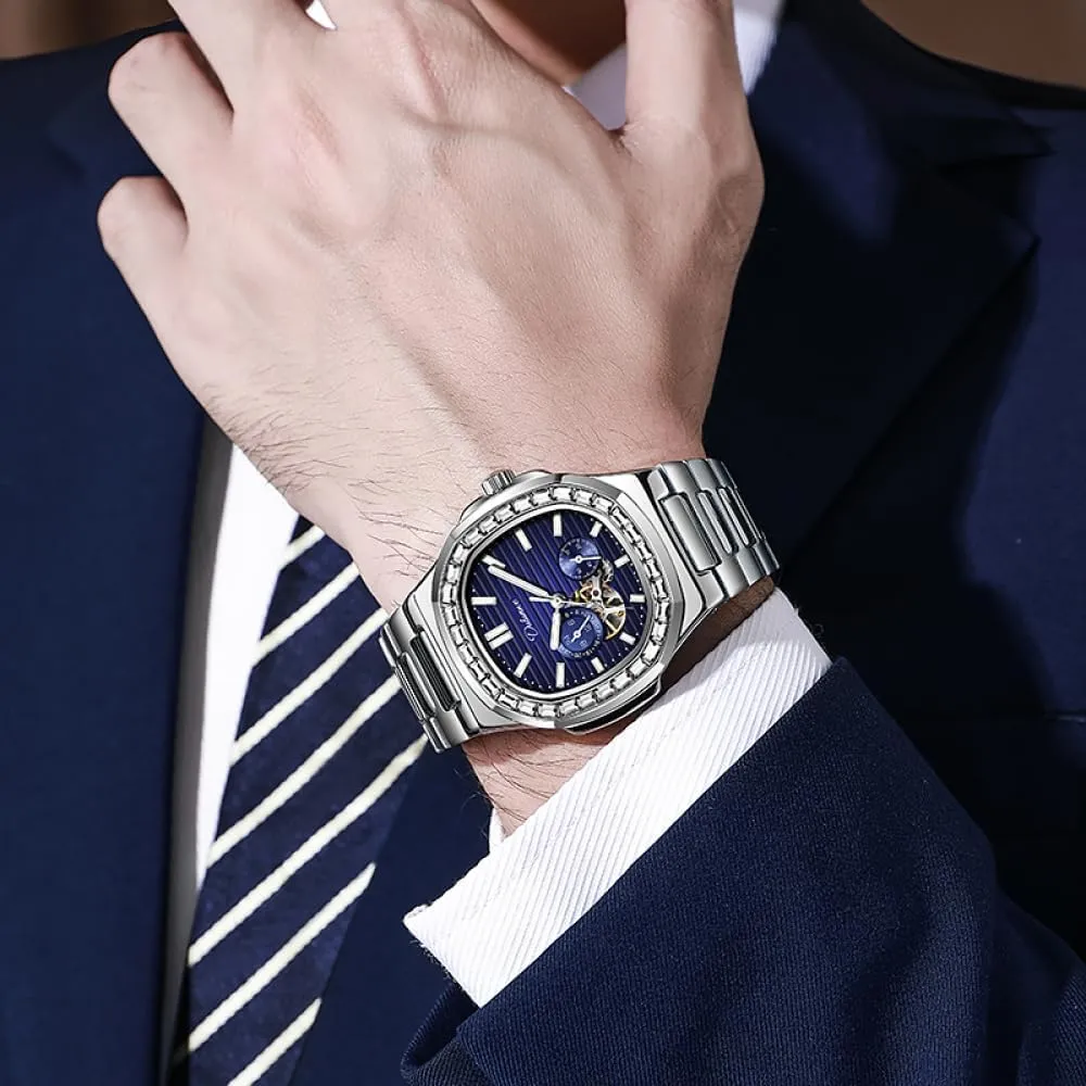 Fashion Men Sky Blue Wristwatches Luxury Zirconia Diamonds Bezel Skeleton Automatic Mechanical Watch Multifunctional Waterproof Watches