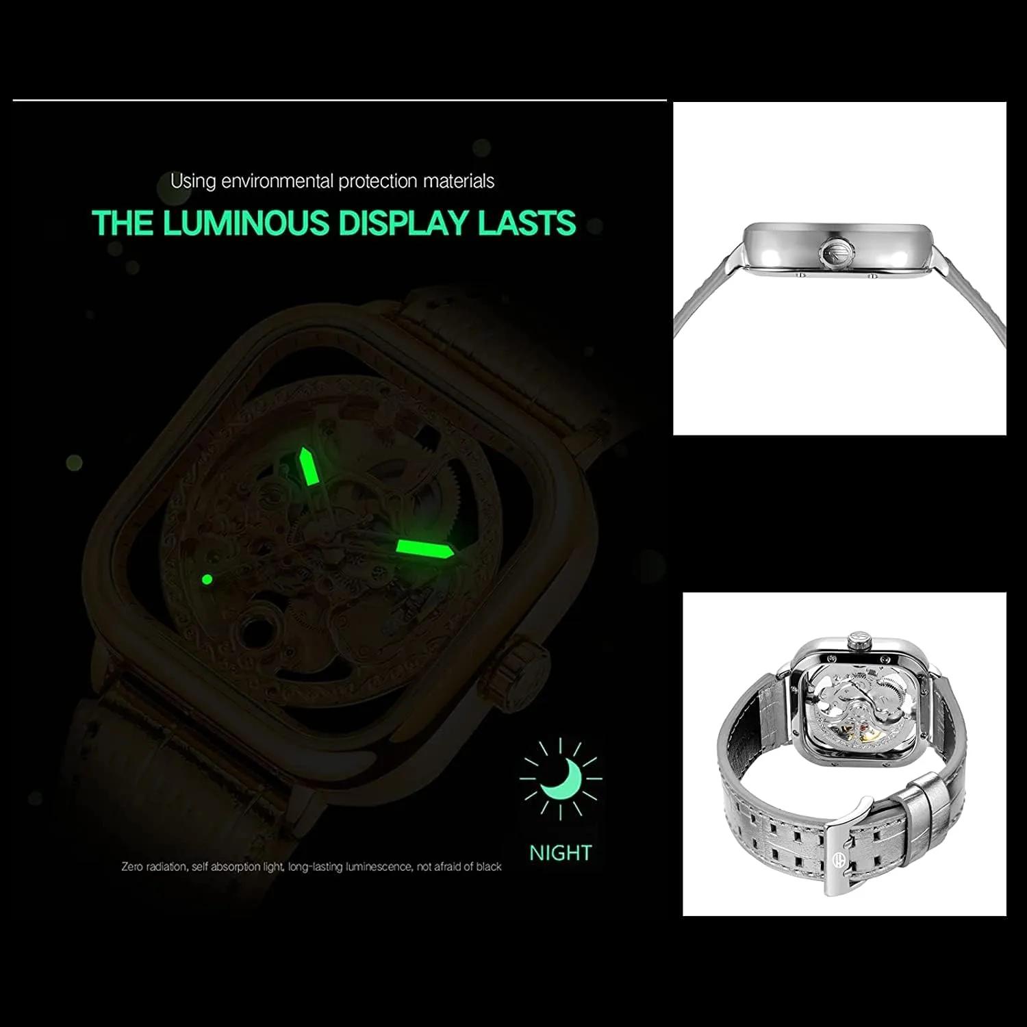 Fashion Square Automatic Watch Young Bright Genuine Leather Strap with Luxury Stainless Steel Skeleton Watches