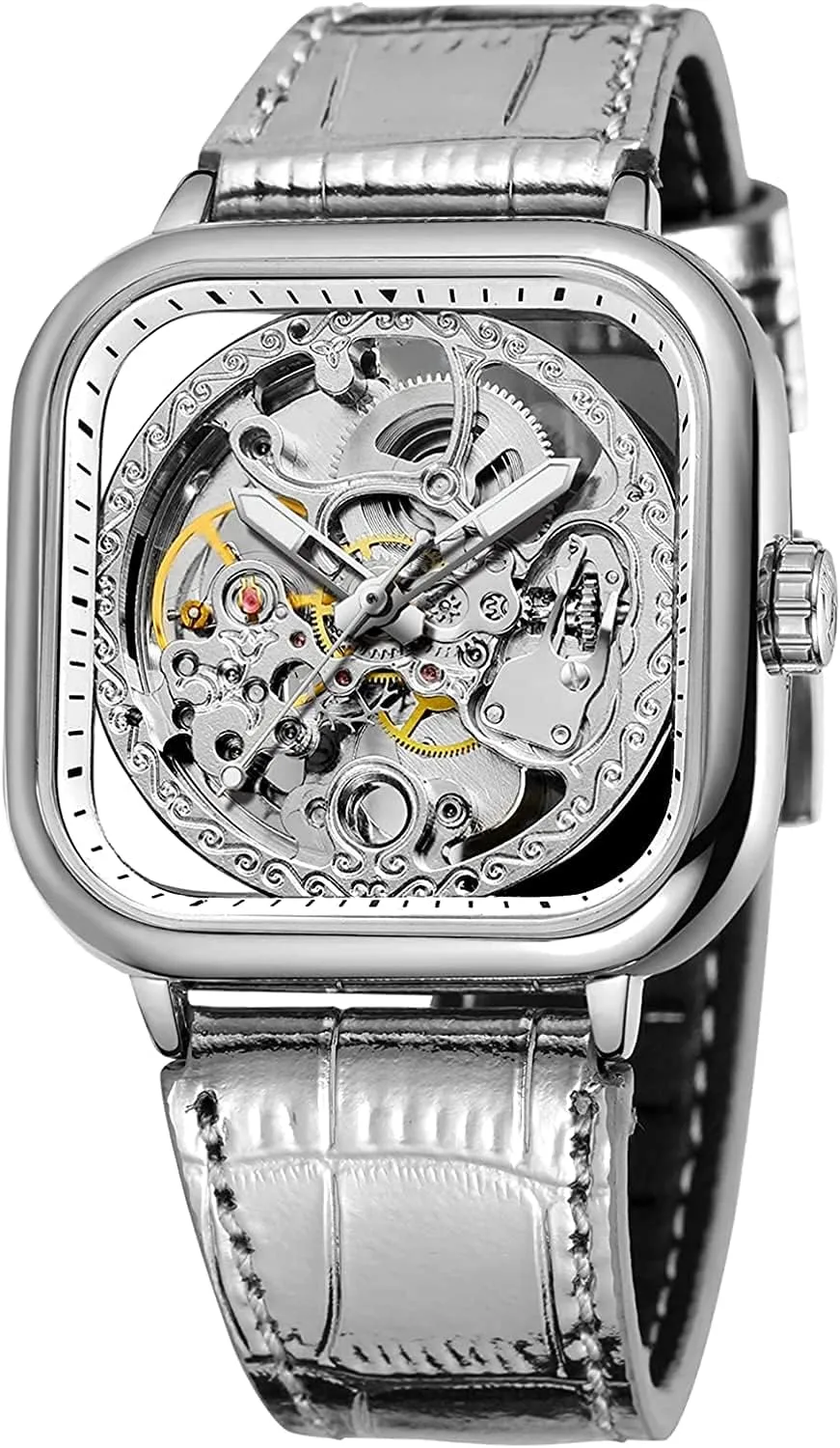 Fashion Square Automatic Watch Young Bright Genuine Leather Strap with Luxury Stainless Steel Skeleton Watches
