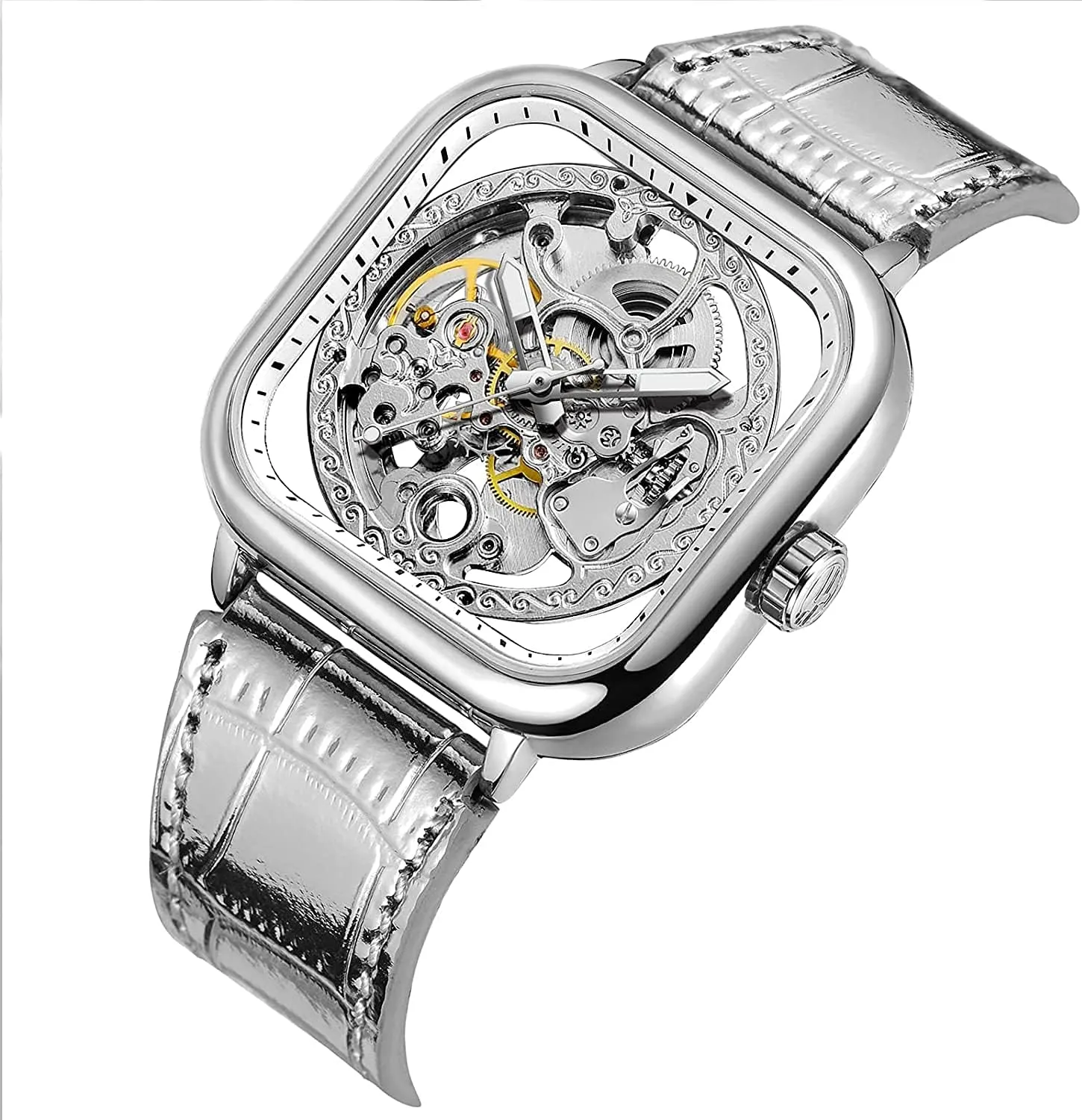 Fashion Square Automatic Watch Young Bright Genuine Leather Strap with Luxury Stainless Steel Skeleton Watches