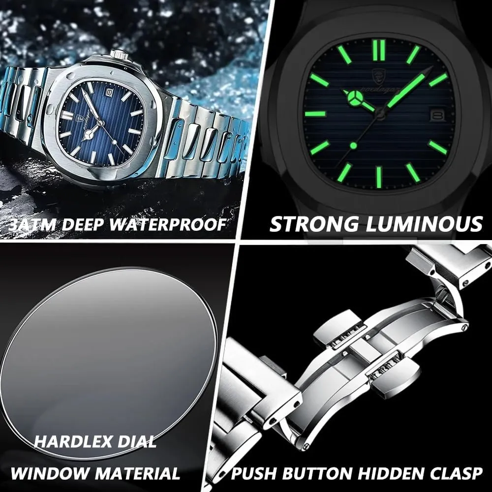 Fashion Square Dial Quartz Watch for Men Stainless Steel Waterproof Luminous Date Mens Watches Top Brand Luxury Clock
