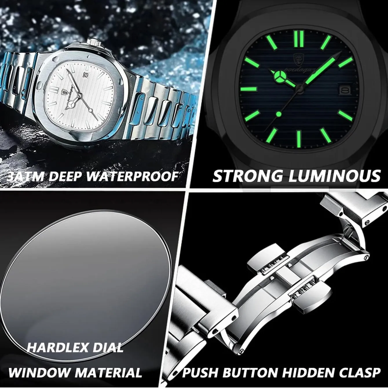Fashion Square Dial Quartz Watch for Men Stainless Steel Waterproof Luminous Date Mens Watches Top Brand Luxury Clock
