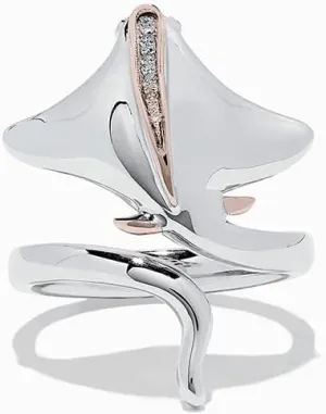 Fashionable Zircon Manta Ray Two-Tone Adjustable Ring 925 Sterling Silver Stingray Open Adjustable Ring for Women, Cute Ocean Animal Adjustable Cubic Zirconia Ring, Manta Ray Wrap Open Ring for Women